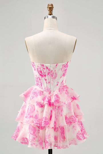 Pink Flower Strapless Corset Printed Cocktail Dress with Sequins